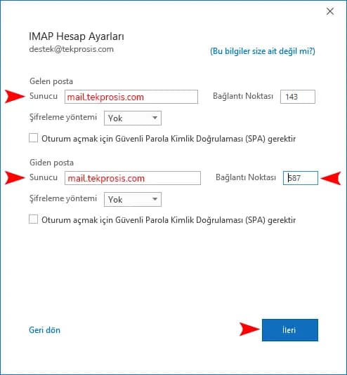 Adım 3: IMAP Sunucu Ayarlarını Yapın